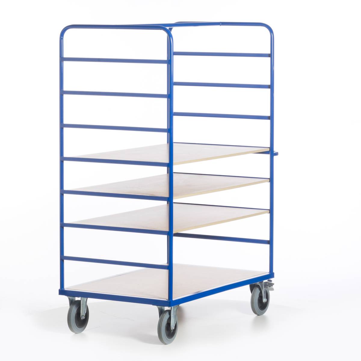 Etagenwagen,Tragl. 600kg,4 Etage(n),Ladefl. LxB 1200x740mm,Holzetage,RAL5010,TPE-Bereifung-4