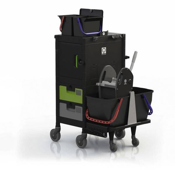 Nasswischwagen,HxBxT 1210x680x860mm,Eimer 2x15l schwarz,Mopp-Presse/Halter,Sackhalter,Gestell PP,4 Räder