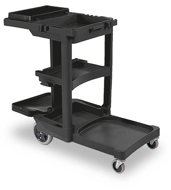 Reinigungswagen,Sackhalter,Ablageschale,HxBxT 975x1170x560mm,PP,schwarz,2 Lenk-/2 Bockrollen