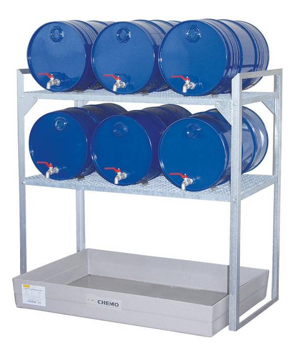 Abfüllregal,f. 6x60l Fass,HxBxT 1300x1320x630mm,2xGitterrost/Fassauflagen,verzinkt,m. GFK-Auffangwanne
