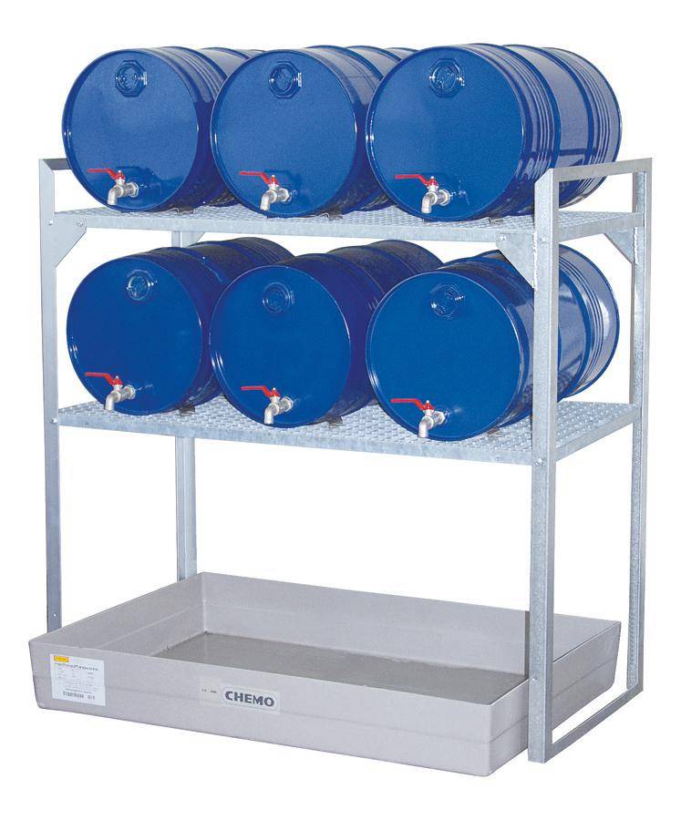 Abfüllregal,f. 6x60l Fass,HxBxT 1300x1320x630mm,2xGitterrost/Fassauflagen,verzinkt,m. GFK-Auffangwanne-0