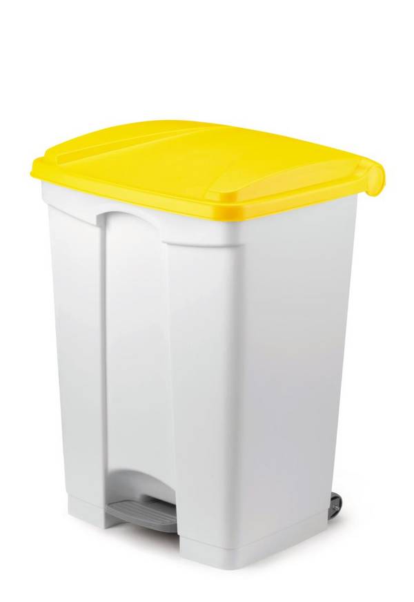 Tretabfallbehälter,1x90l,HxBxT 820x500x410mm,Korpus PE weiß,Deckel PE gelb,2 Räder