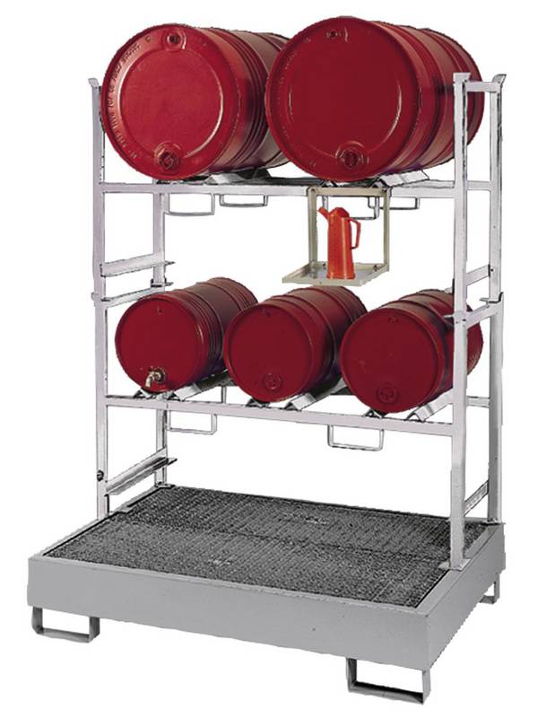 Abfüllregal,f. 3x60/2x200l Fass,HxBxT 1840x1400x1280mm,2xFassauflage,verzinkt,m. Standwanne,verzinkt