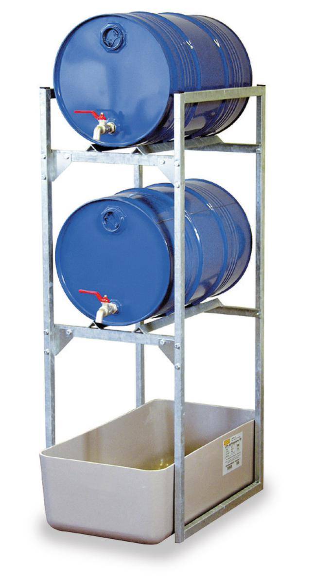 Abfüllregal,f. 2x60l Fass,HxBxT 1310x450x630mm,2xFassauflage,verzinkt,m. GFK-Auffangwanne-0