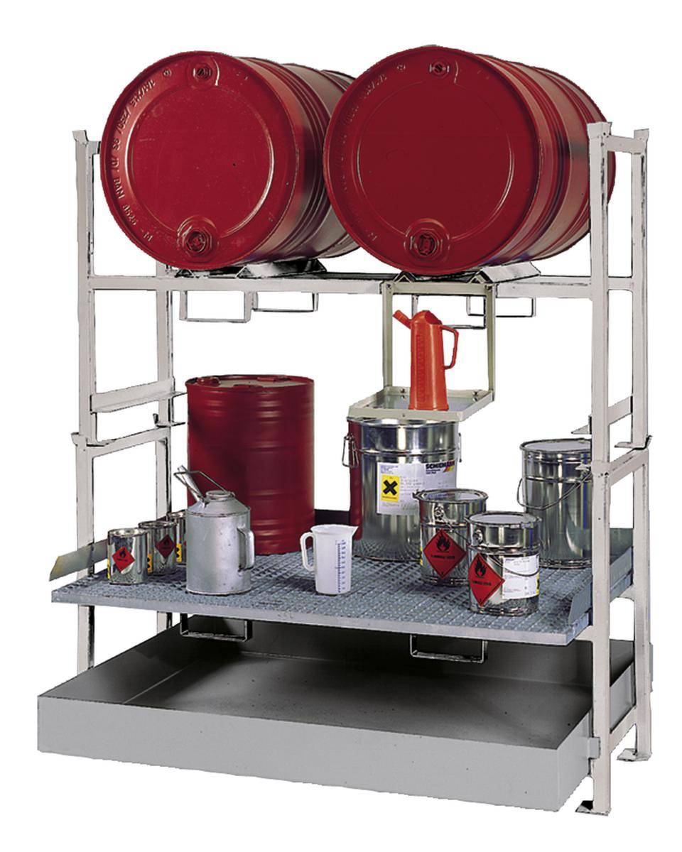 Abfüllregal,f. 2x200l Fass,Kleingebinde,HxBxT 1580x1390x1200mm,2xFassauflage,verzinkt,m. Einschubwanne,verzinkt-0