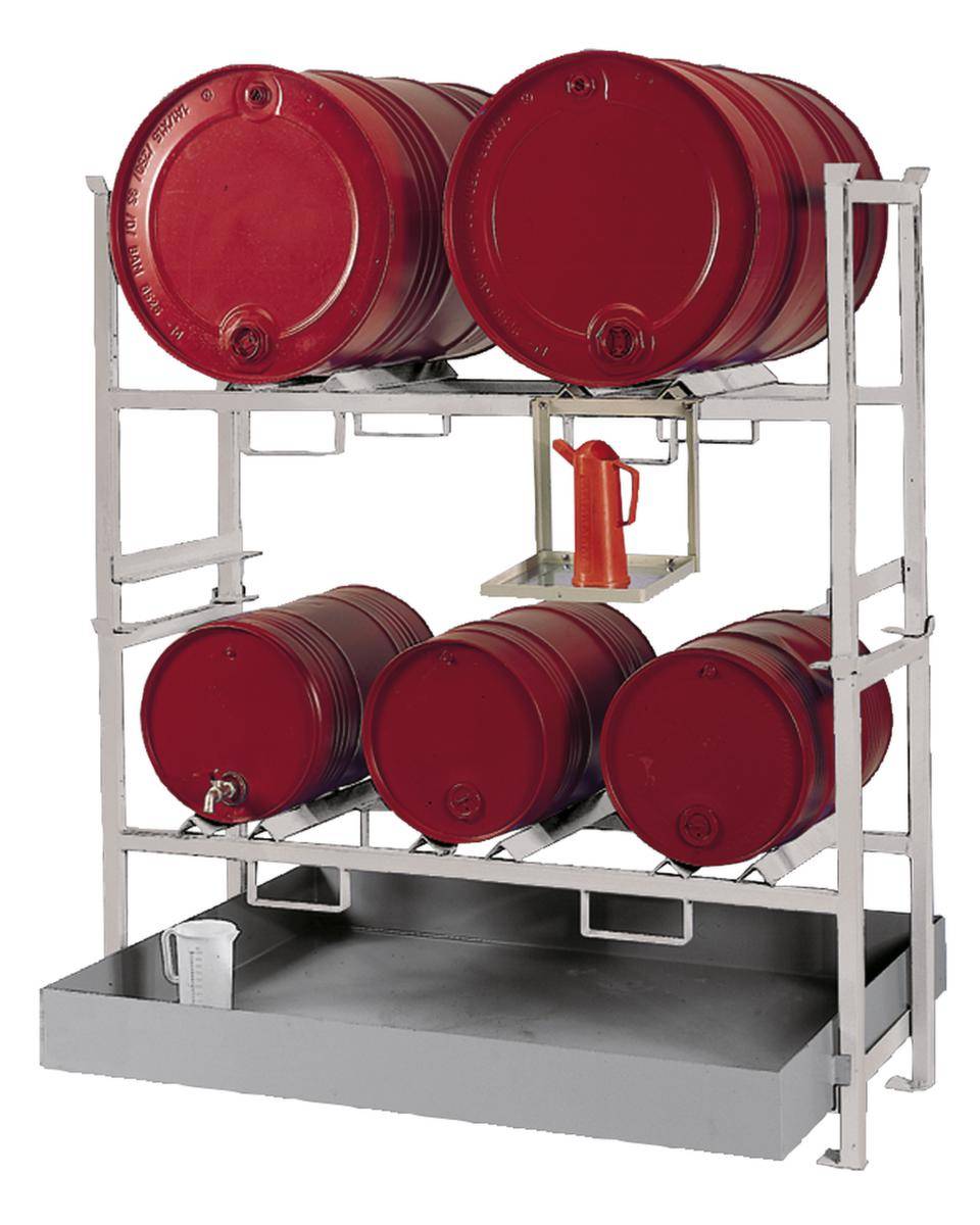 Abfüllregal,f. 3x60/2x200l Fass,HxBxT 1580x1390x1200mm,2xFassauflage,verzinkt,m. Einschubwanne,verzinkt-0