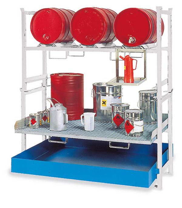 Abfüllregal,f. 3x200l Fass,HxBxT 1580x1390x1200mm,2xGitterrost/Fassauflagen,verzinkt,m. Einschubwanne,verzinkt
