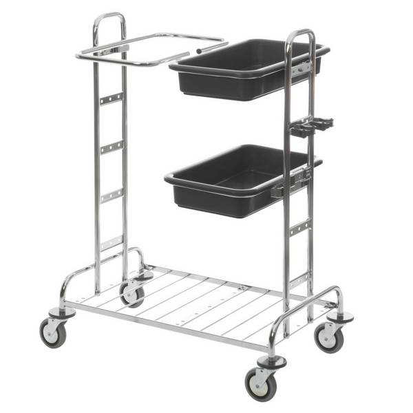 Reinigungswagen,Sackhalter,Ablageschale,HxBxT 1050x820x590mm,Stahl,verchromt,4 Gleitlagerrollen