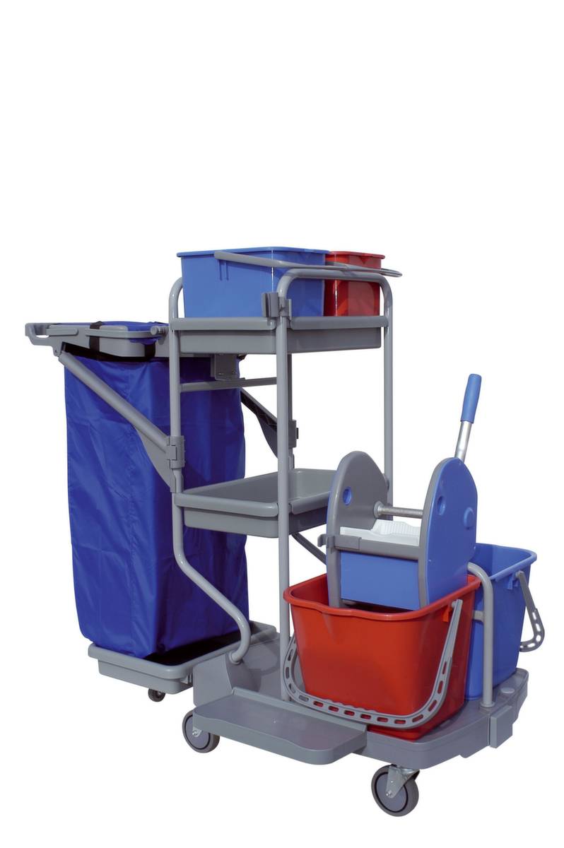 Reinigungswagen,Mopp-Presse,Sackhalter,Ablageschale,Eimer 2x15l/2x9l rot/blau,Kunststoff,4 Rollen