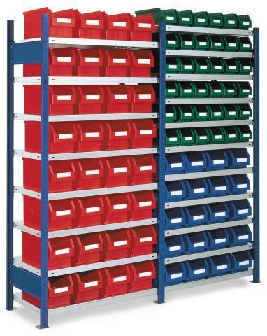Sichtlagerkastenregal,Anbaufeld,HxBxT 2000x1003x300mm,60 Kästen PE,Fachlast 100kg,10xStahlboden,einseitig-1