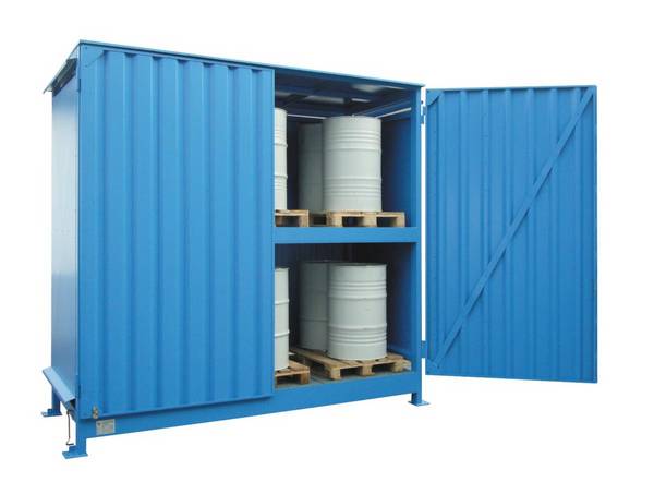 Gefahrstoff-Regalcontainer,max. 20x200l Fass,stehend,HxBxT 3080x3130x1450mm,Flügeltür,1xBodenrost,Bodenwanne 650l,Stahl
