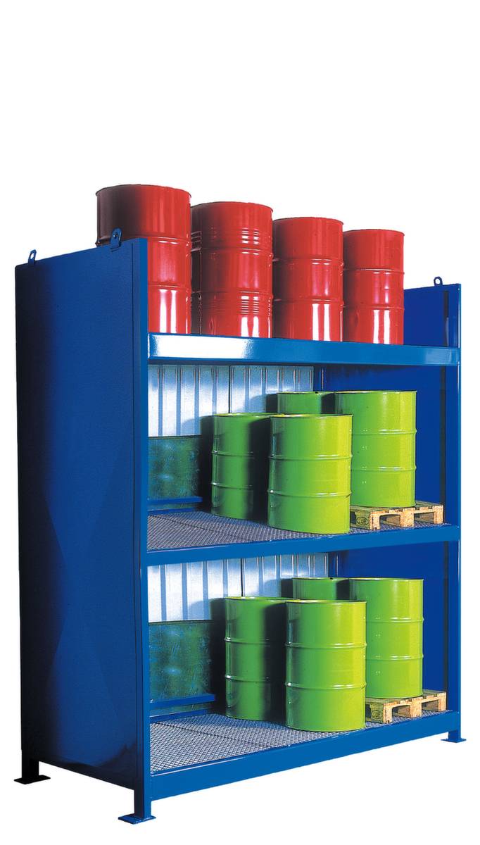 Gefahrstoff-Regalcontainer,max. 30x200l Fass,stehend,HxBxT 3630x3130x1390mm,3xBodenrost/1xWanne,Wanne 650l,Wanne RAL5015-0