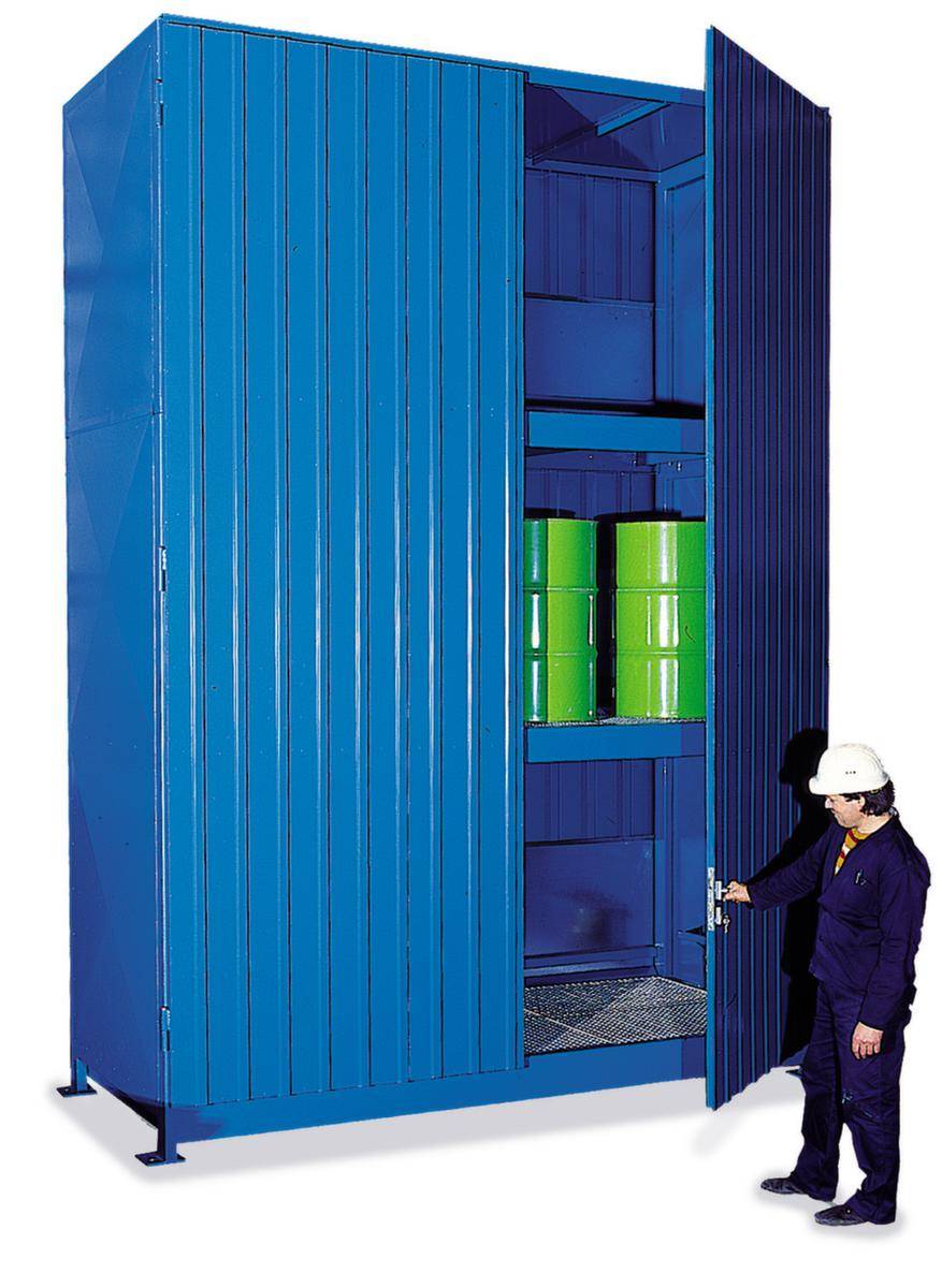 Gefahrstoff-Regalcontainer,max. 30x200l Fass,stehend,HxBxT 4480x3130x1450mm,Flügeltür,2xBodenrost,Bodenwanne 650l,Stahl-0