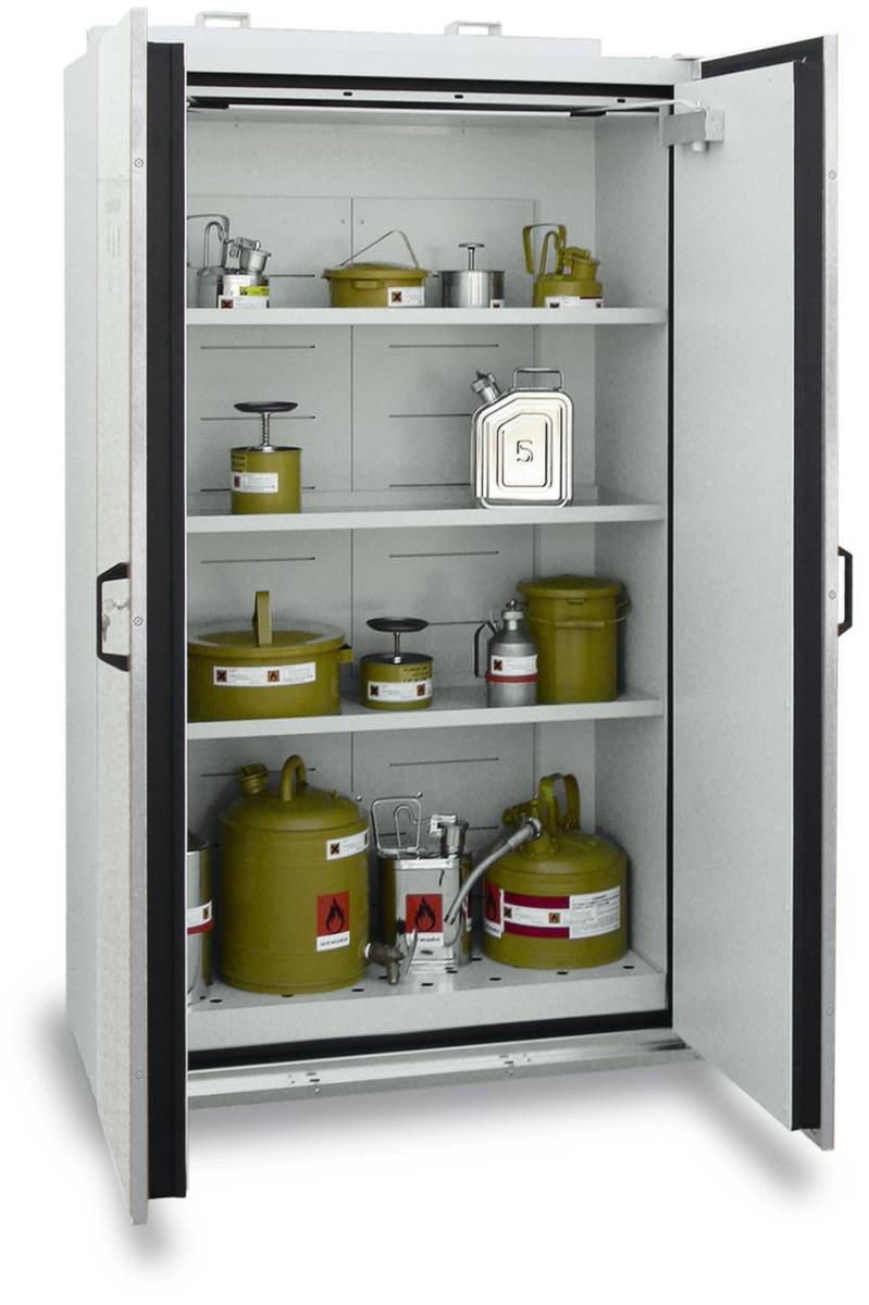 Gefahrstoffschrank, BxTxH 1190x598x1935 mm, Innen HPL, 3 Böden, 1 Bodenauffangwanne mit Lochblecheinsatz, Typ 90, RAL 70-2