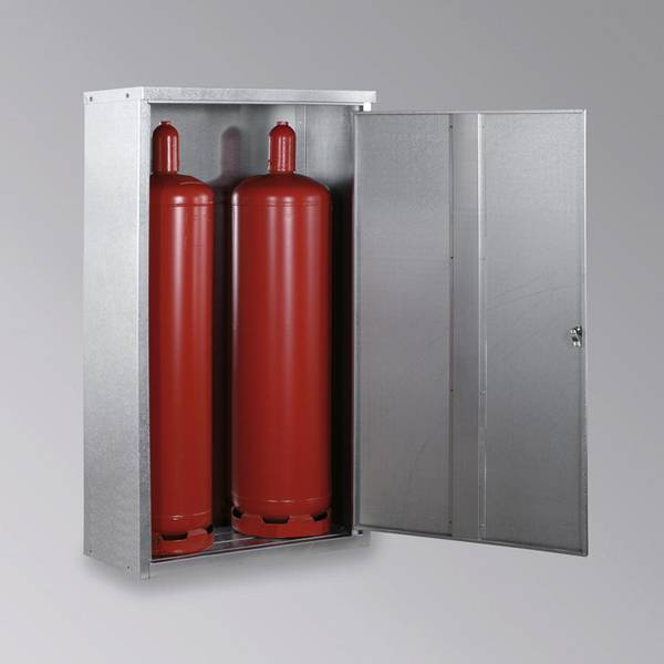Gasflaschenschrank,f. 2x33kg Flasche,HxBxT 1435x860x400mm,m. Dach,Flügeltür,Stahl verzinkt