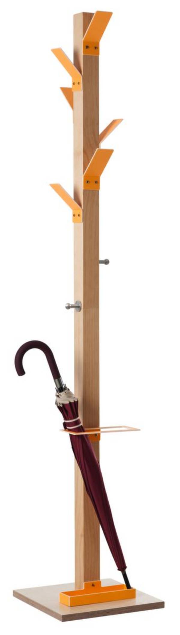 Garderobenständer,6 Mantel-/2 Taschenhaken,Schirmhalter/Tropfmulde,Holz/Polystyrol,natur/orange