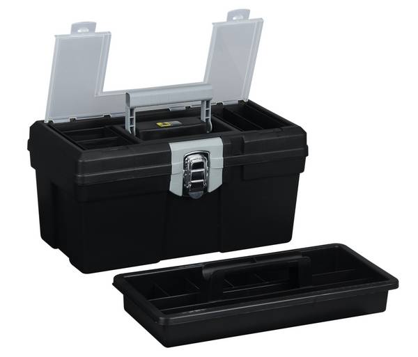 Werkzeugkasten,HxBxT 200x400x220mm,Kleinteilefächer,Tragekasten,PP,schwarz