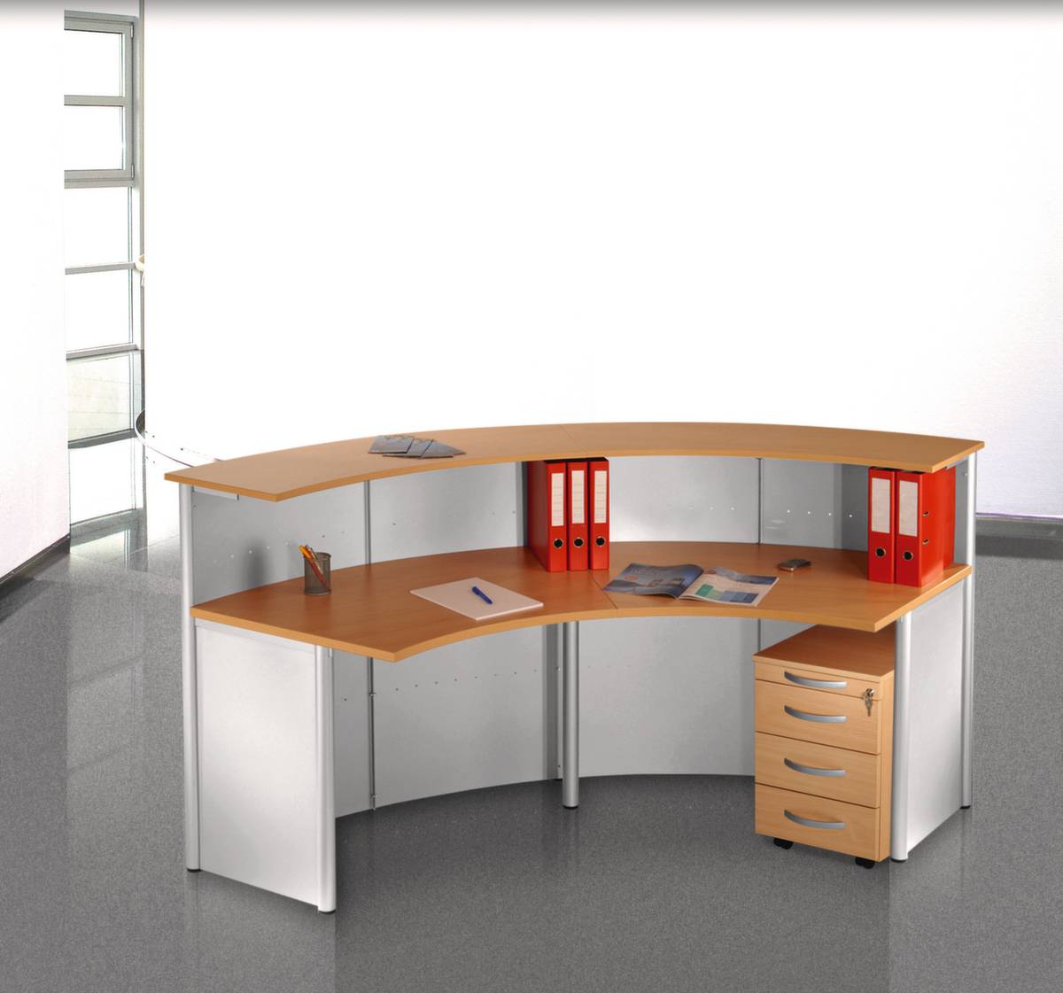 Anbautheke 45°,HxBxT 1150x1180x700mm,Platte Buche,Front alusilber,Lochplatten-1
