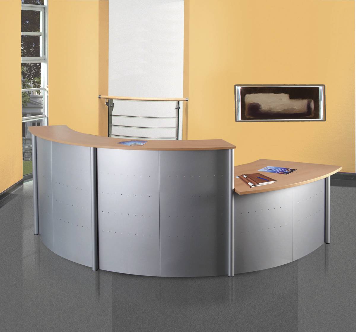 Anbautheke 45°,HxBxT 1150x1180x700mm,Platte Buche,Front alusilber,Lochplatten-2
