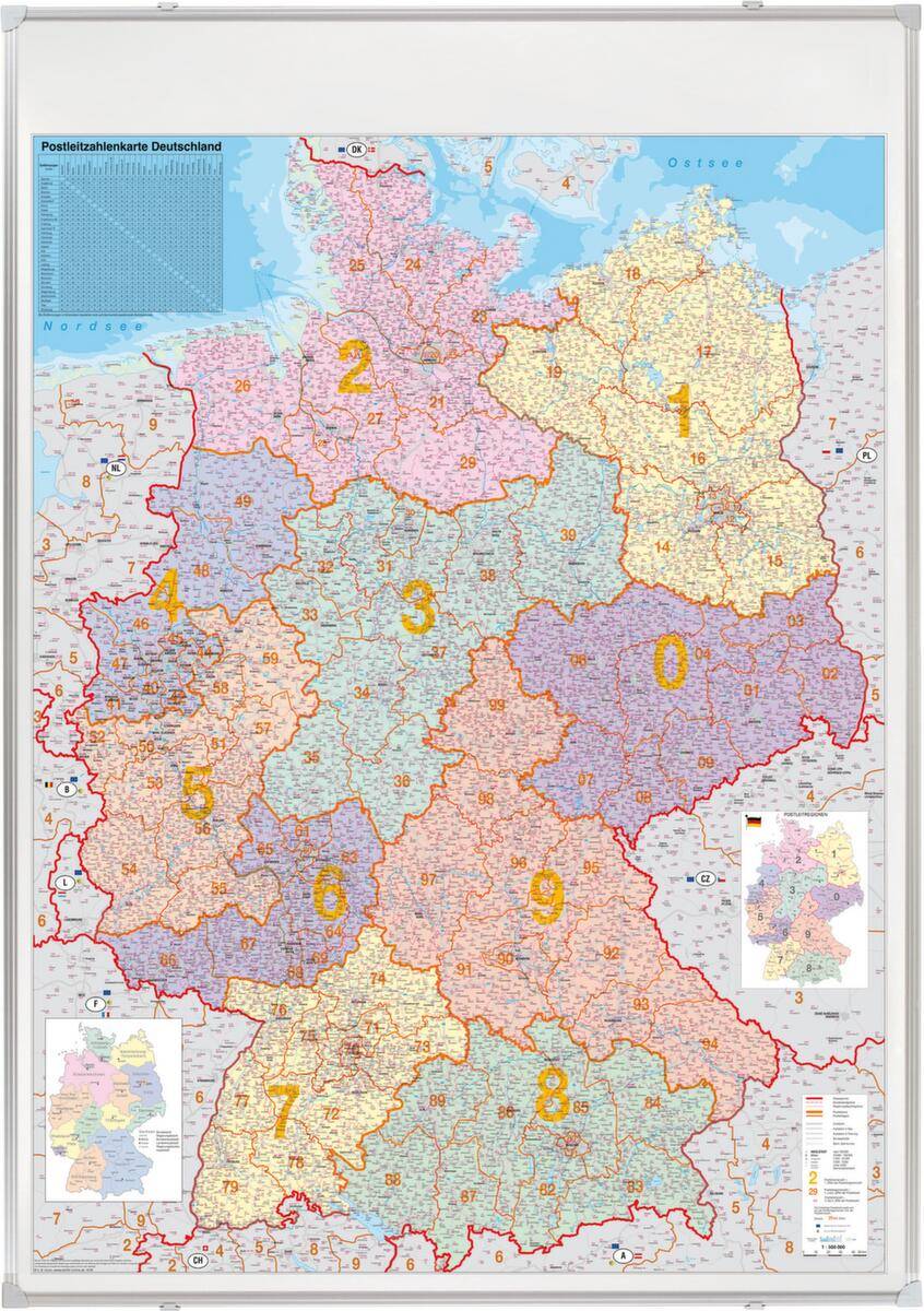PLZ-Deutschlandkarte,HxB 1380x980mm,Maßstab 1:760.000,magnethaftend,m. Raster,Rahmen Alu silber-0
