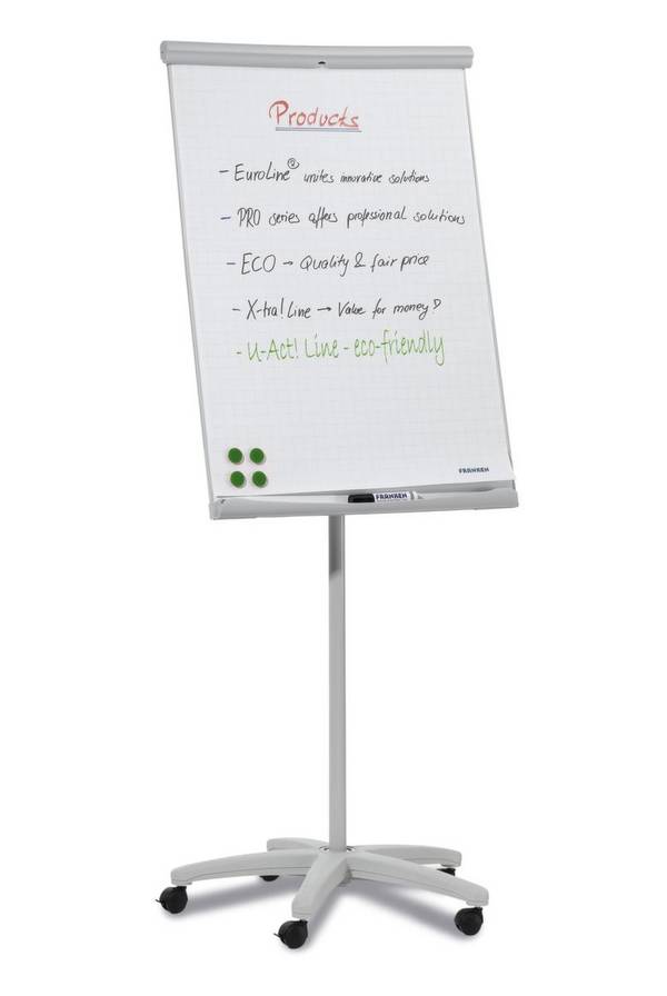 Flipchart,H 1860mm,Tafel HxB 1000x700mm,magnethaftend,m. Ablageschale,Gestell hellgrau,5 Rollen