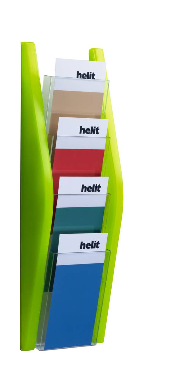 Wandprospekthalter,HxBxT 540x169x80mm,f. 4xDIN lang,Ablage(n) transparent,Gestell limettengrün