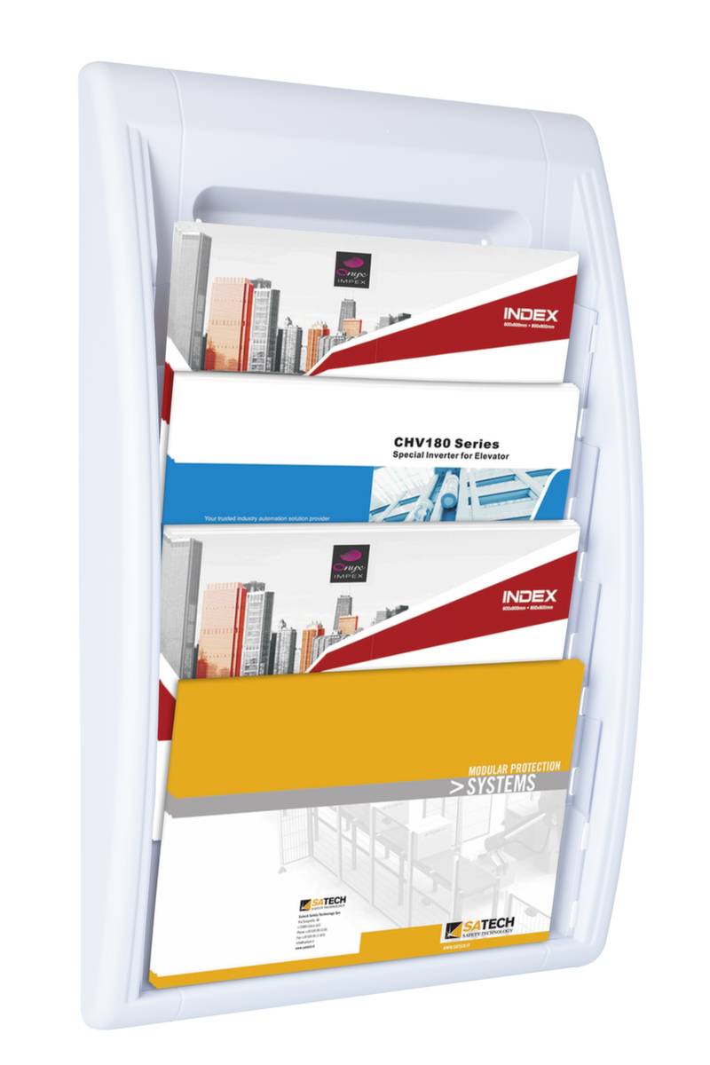 Wandprospekthalter,HxBxT 650x395x95mm,f. 4xFormat 240x320mm,Ablage(n) transparent,Gestell weiß-0
