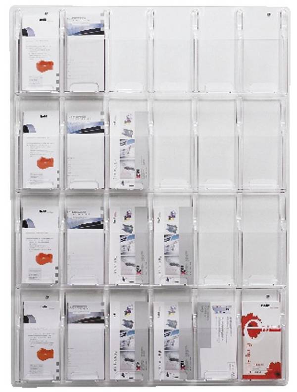 Wandprospekthalter,HxBxT 1045x766x51mm,f. 24xDIN lang,Ablage(n) transparent,Gestell transparent