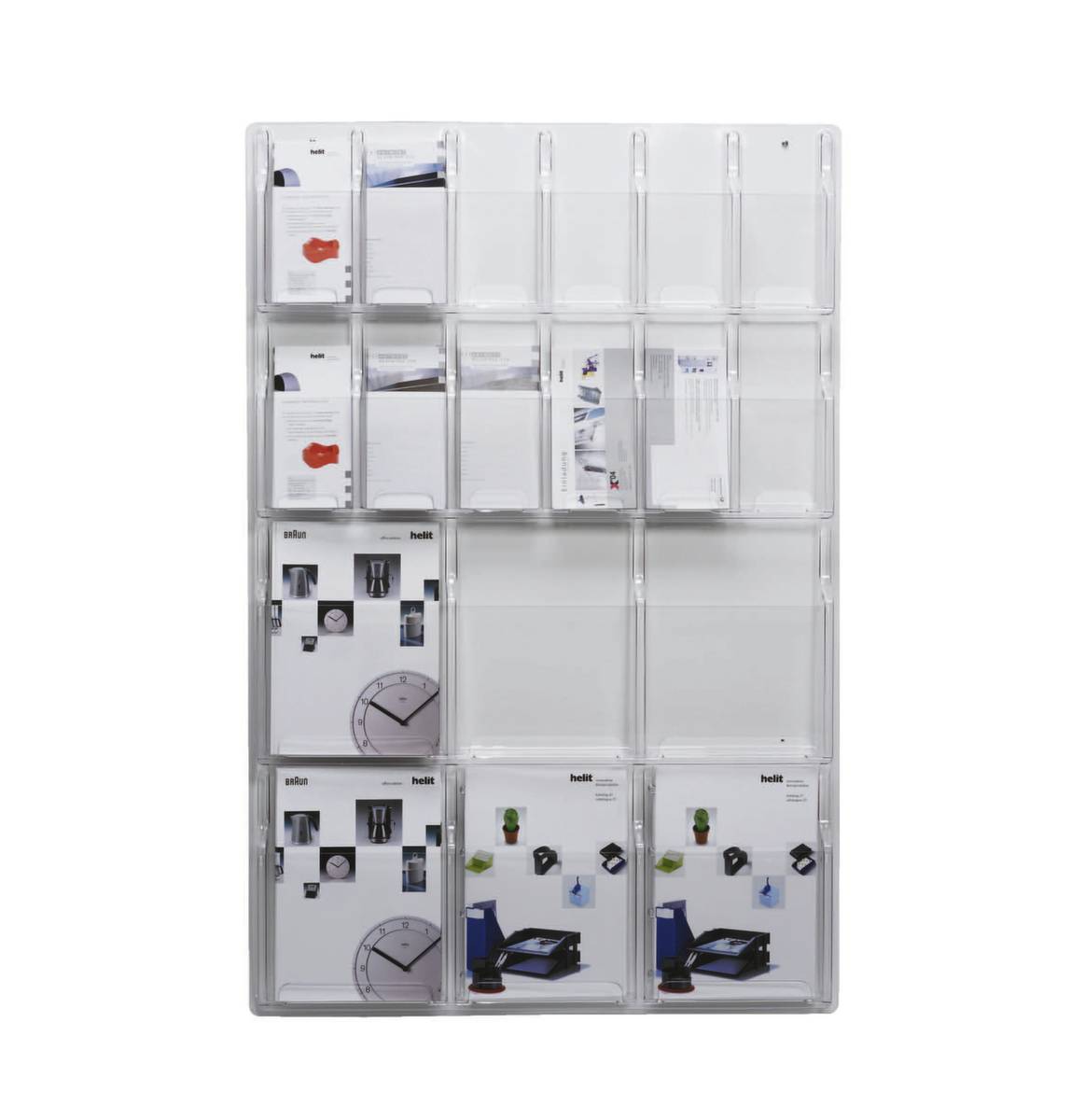 Wandprospekthalter,HxBxT 1157x766x51mm,f. 6xDIN A4/12xDIN lang,Ablage(n) transparent,Gestell transparent-0