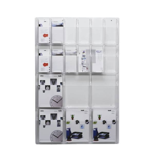Wandprospekthalter,HxBxT 1157x766x51mm,f. 6xDIN A4/12xDIN lang,Ablage(n) transparent,Gestell transparent