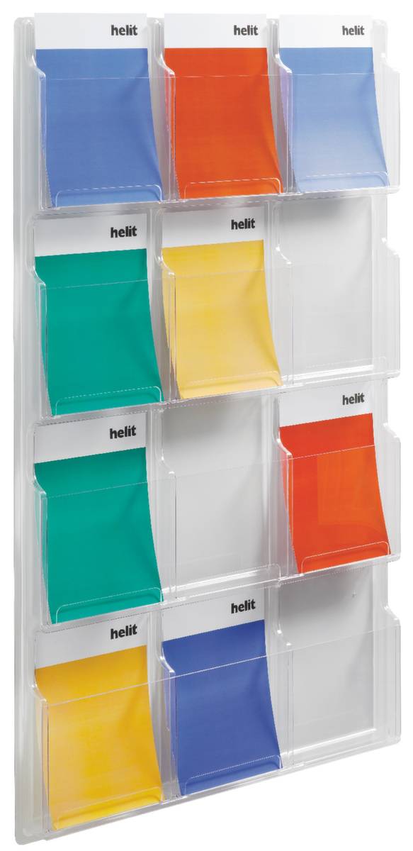 Wandprospekthalter,HxBxT 1260x766x51mm,f. 12xDIN A4,Ablage(n) transparent,Gestell transparent-1