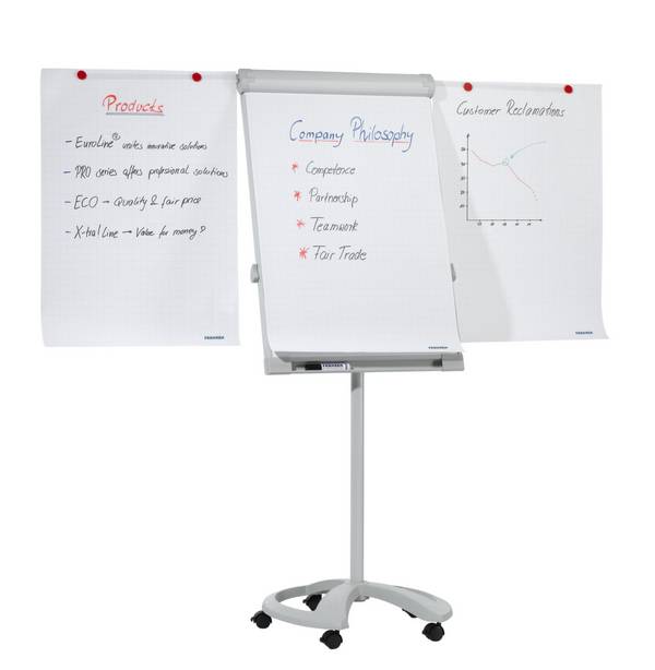 Flipchart,H 1820-2000mm,Tafel HxB 950x670mm,magnethaftend,m. 2 Papierhalter,Ablageschale,Gestell hellgrau,5 Rollen