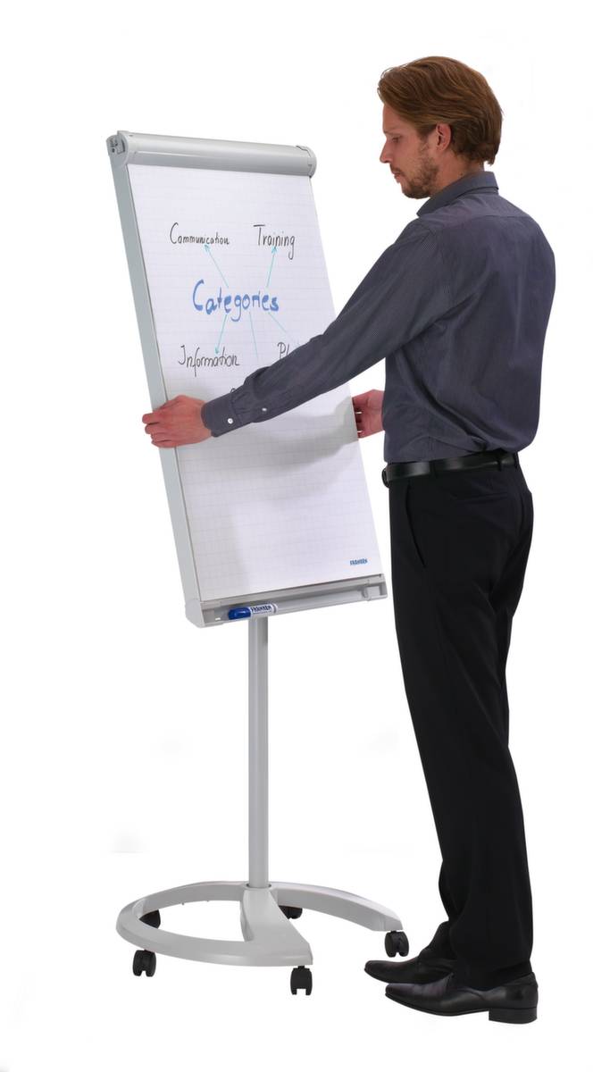 Flipchart,H 1820-2000mm,Tafel HxB 950x670mm,magnethaftend,m. 2 Papierhalter,Ablageschale,Gestell hellgrau,5 Rollen-2