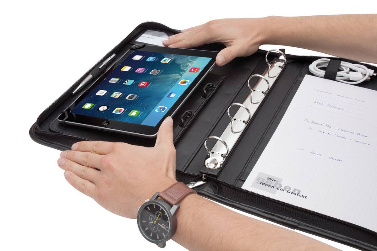 Tablet-Organizer,f. 10" Tablet,HxBxT 50x280x370mm,m. Präsentationsständer,Block,4-Ring-Mechanik,Schlaufen,schwarz-3