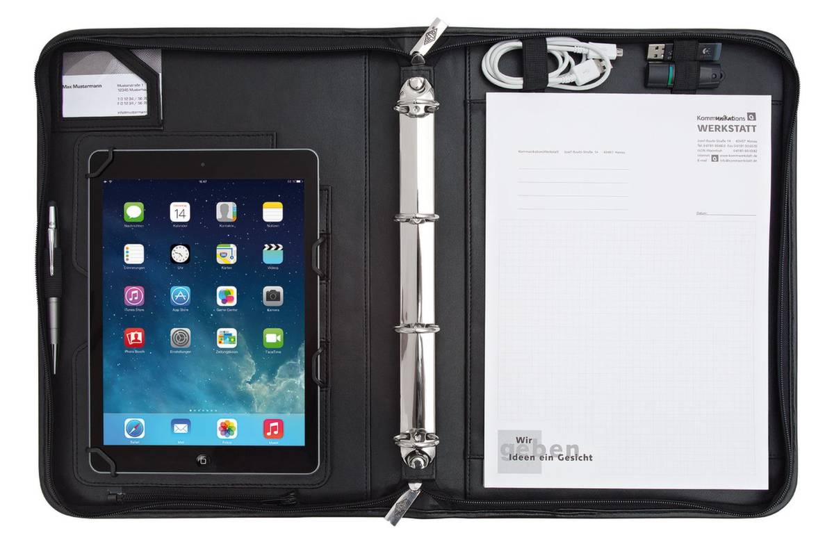 Tablet-Organizer,f. 10" Tablet,HxBxT 50x280x370mm,m. Präsentationsständer,Block,4-Ring-Mechanik,Schlaufen,schwarz-4