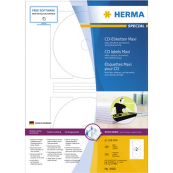 CD-Etiketten A4, Ø 116 mm (Innenloch klein), weiß, blickdicht, permanent haftend