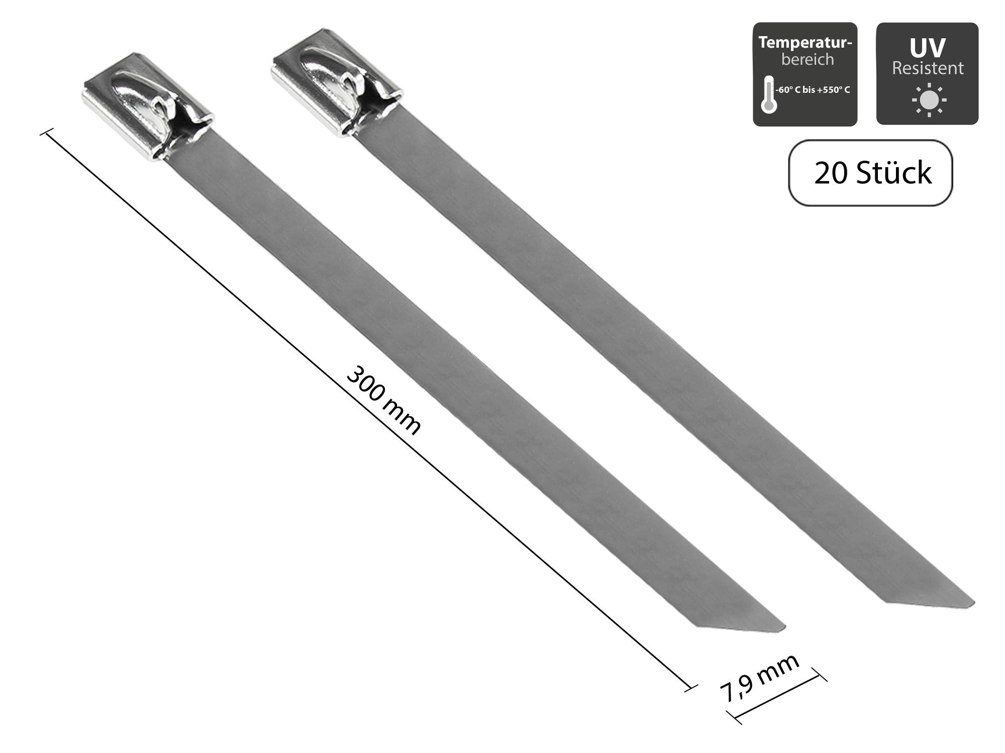 Good Connections® Edelstahl-Kabelbinder 300 mm x 7,9 mm, -60 °C bis +550 °C, 20 Stück-0
