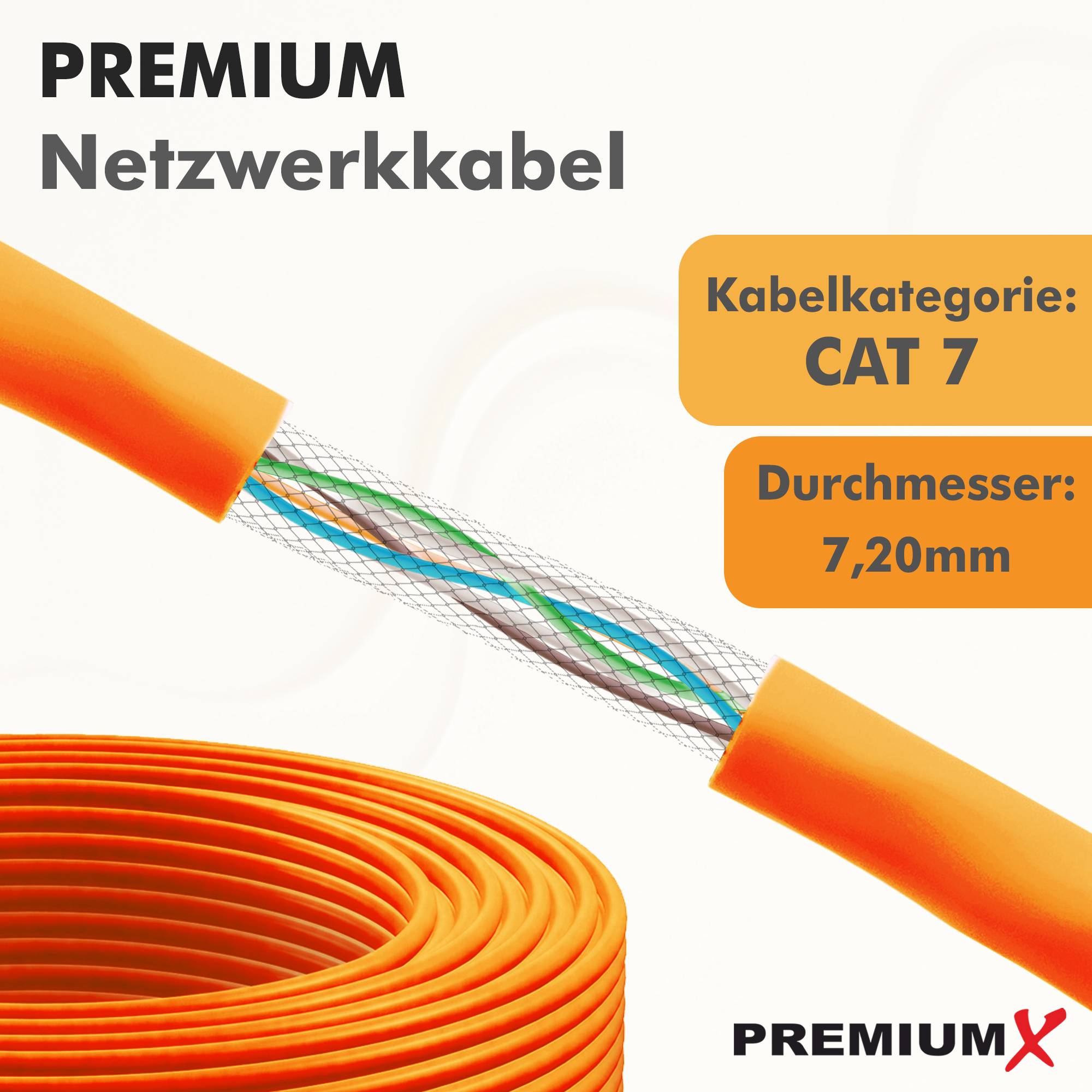 PremiumX 500m CAT 7 Netzwerkkabel Simplex LAN-Kabel Ethernet Datenkabel S/FTP PiMF PoE Eca Cat7 Verlegekabel-2