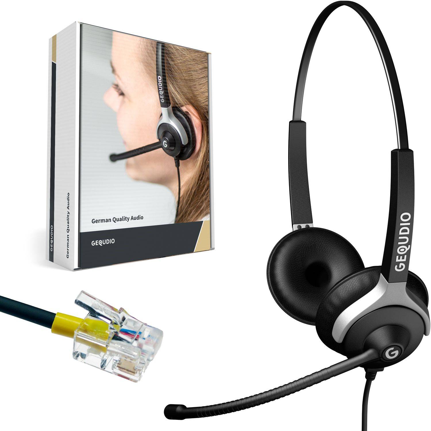 GEQUDIO Headset 2-Ohr für Mitel, Aastra, Poly, Gigaset-RJ Telefon inklusive RJ Kabel, Lautstärkeregelung, Ersatz Polster-0
