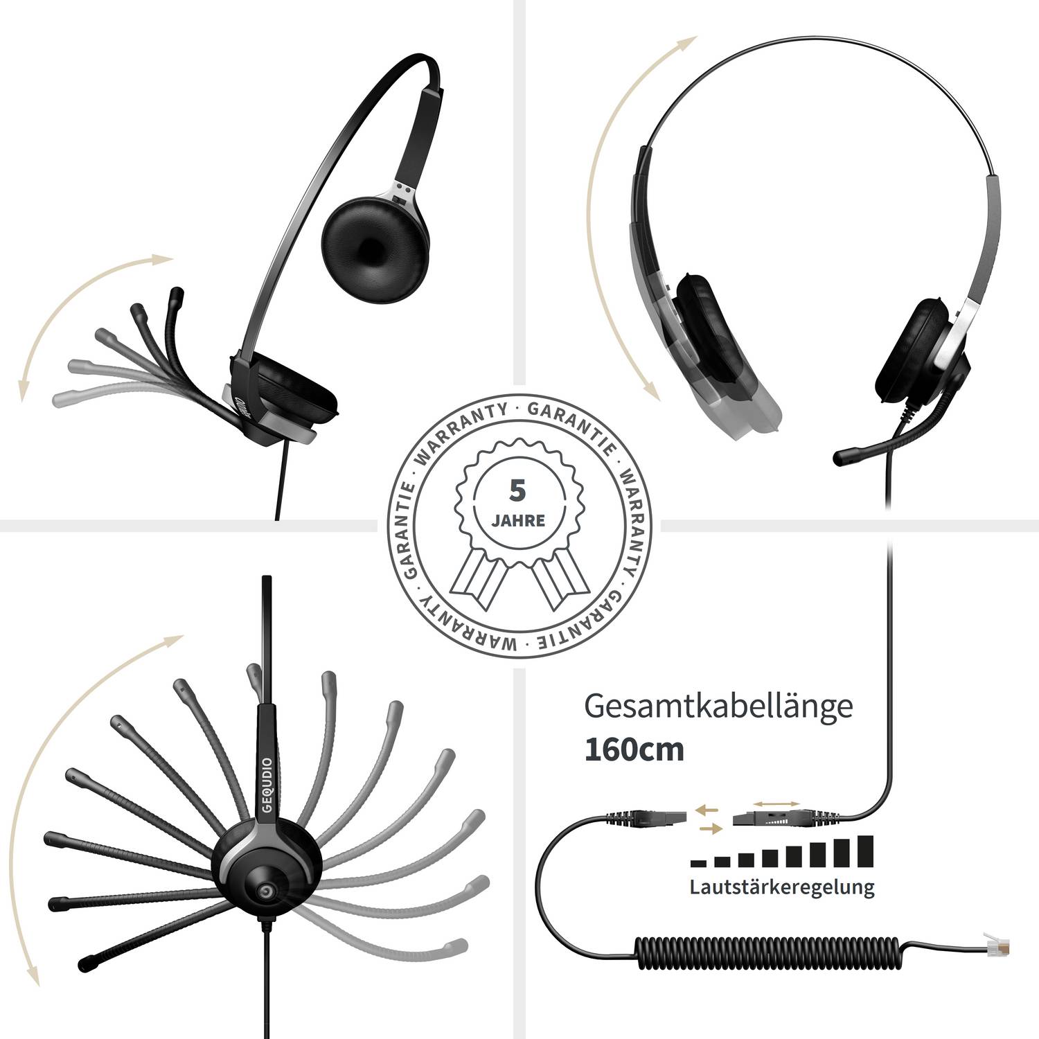 GEQUDIO Headset 2-Ohr für Mitel, Aastra, Poly, Gigaset-RJ Telefon inklusive RJ Kabel, Lautstärkeregelung, Ersatz Polster-2