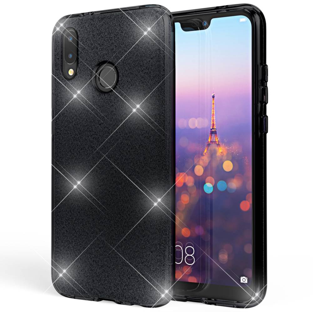 Huawei P20 Lite Hülle Handyhülle von NALIA, Glitzer Silikon-Case Back-Cover Schwarz-0