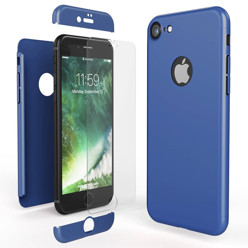 iPhone 7 Hülle 360 Grad Handyhülle mit Displayschutz von NALIA, 360° Cover Case Blau-0