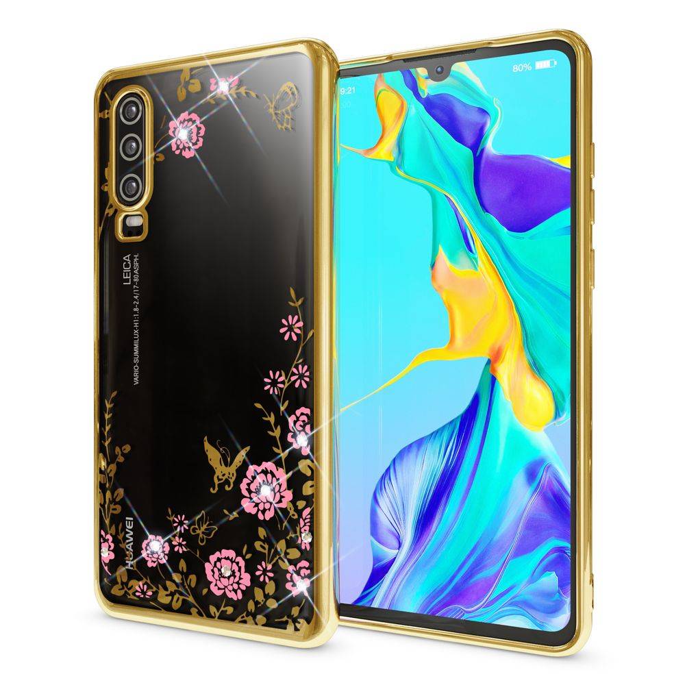 NALIA Handy Hülle für Huawei P30, Blumen-Muster Metall-Optik Schutz Cover Case-0