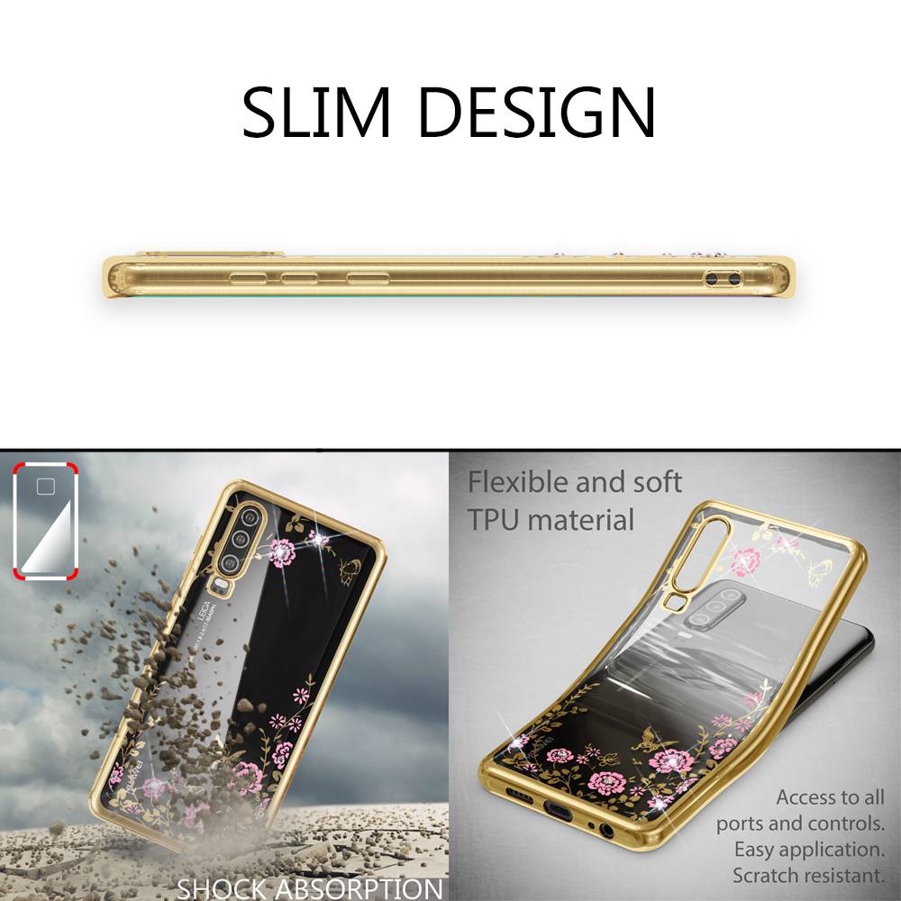 NALIA Handy Hülle für Huawei P30, Blumen-Muster Metall-Optik Schutz Cover Case-4