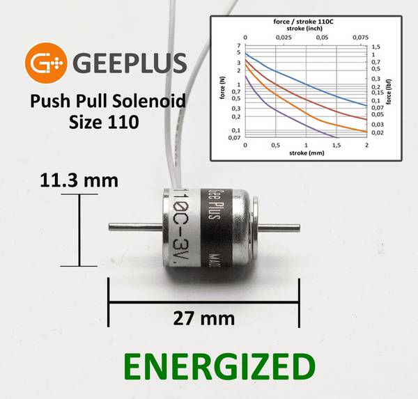 Geeplus Push/Pull-Hubmagnet (Kurzhubmagnet) M110C-6V, Ø11,3x13,3mm, 1,15W Dauer, bis 2mm Hub, Haltekraft >4,5N (100%ED)