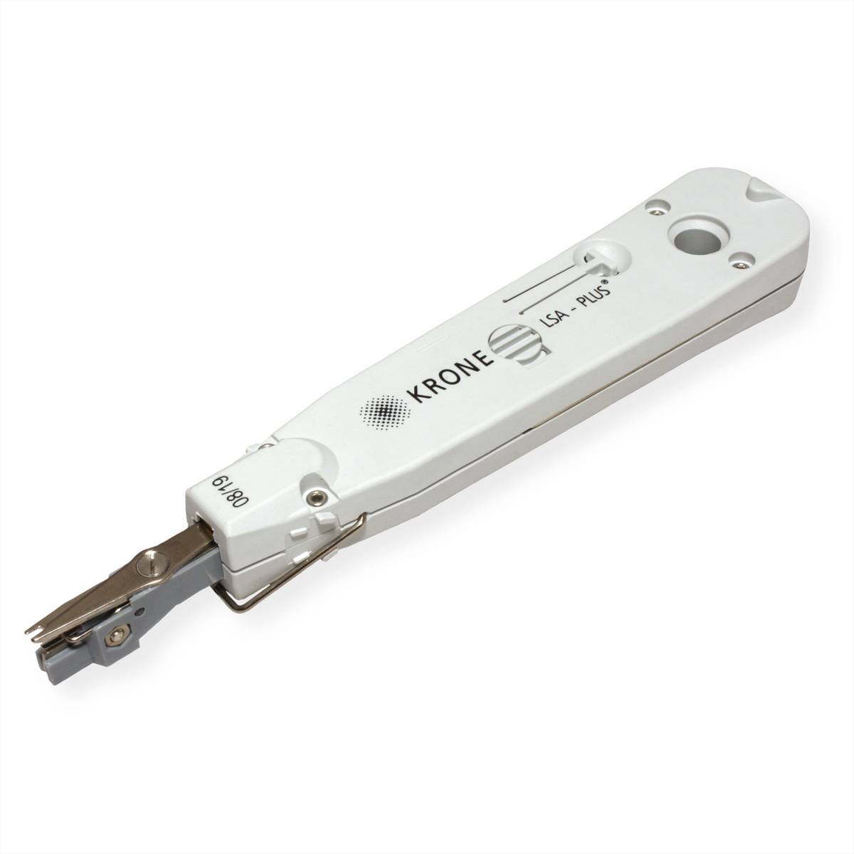 Auflegewerkzeug mit Griff aus weißem Kunststoff und der Aufschrift „Krone“ und „LSA-Plus“.