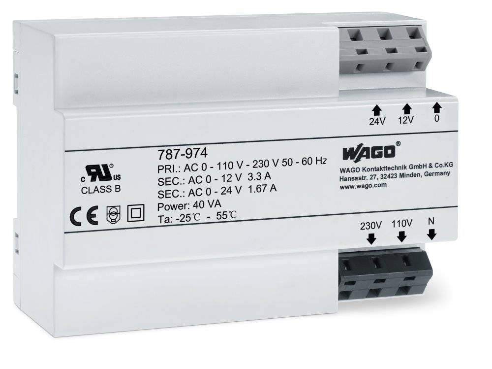 Wago Transformatorstromversorgung;Eingangsspannung AC 230 V;Ausgangsspannung AC 12- 24 V; - 787-974 - 1 Stück-0
