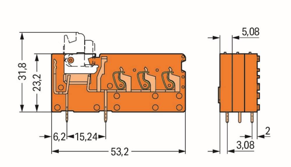 Wago Anreihbare 3-Leiter-Leiterplattenklemme;mit Trennmesser;2,5 mm²;orange - 742-158 - 100 Stück-1