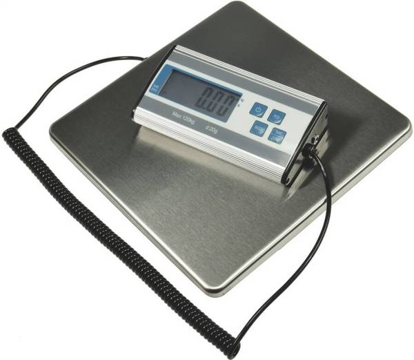 Paketwaage bis 120 kg 22562 max. Tragfähigkeit 120 kg Ablesung 20 g Abmessung Wiegefläche (BxT) 270 x 270 mm