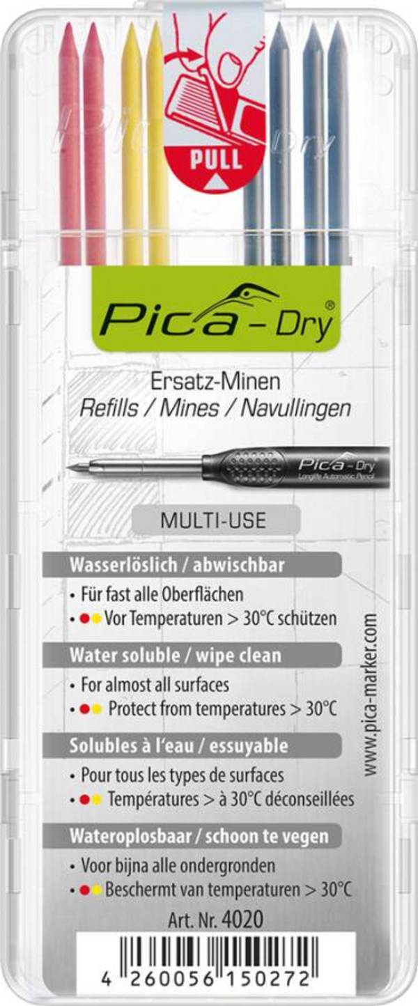PICA-DRY Ersatzminen-Sets 4020 Ausführung 8 tlg. farbig Inhalt 4x Graphitminen 2B, 2x Farbminen rot, 2x Farbminen gelb